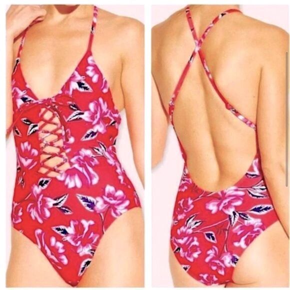 xhilaration Lace-Up Scoop Back hot pink Floral One Piece Swimsuit bathing suit S - Picture 1 of 13